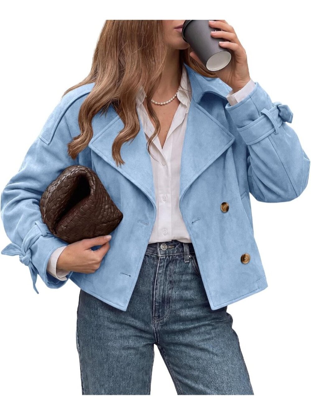 Women's Light Blue Faux Suede Cropped Double Breasted Lapel Jacket Trench Coat